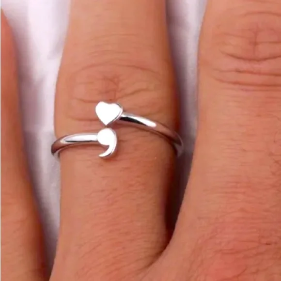 925 Shimmering Sterling Silver Adjustable Semicolon Ring; Your Story Isn't Over - Picture 7 of 13
